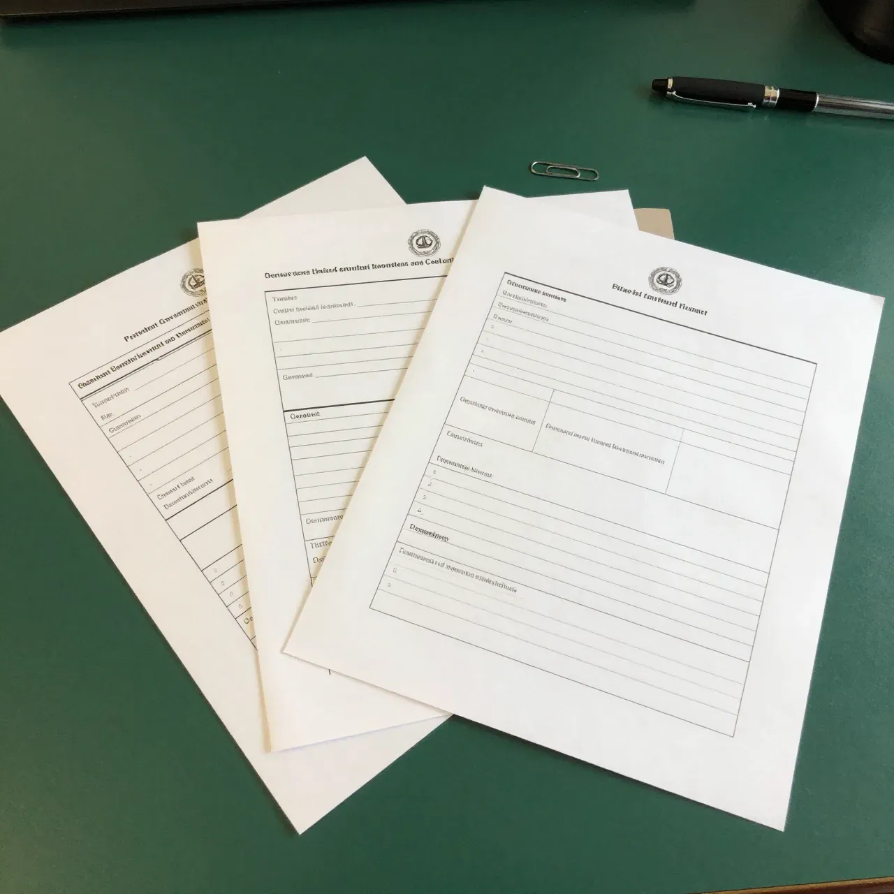 Three state government forms fanned out overlapping on a desk