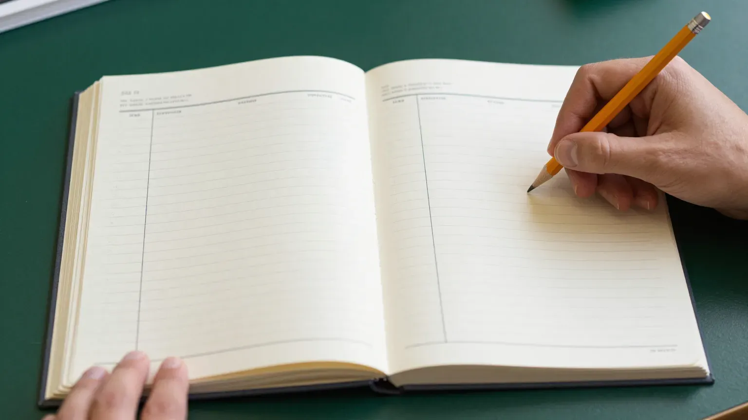 a ledger and a pencil on a desk, hands only