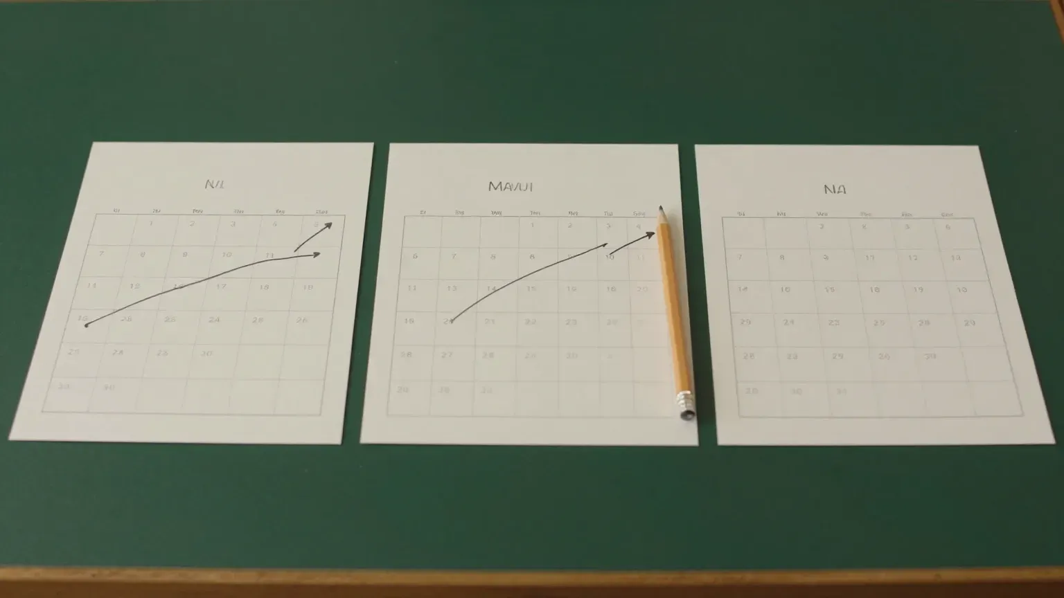 a desk calendar with three months visible, marked up in pencil