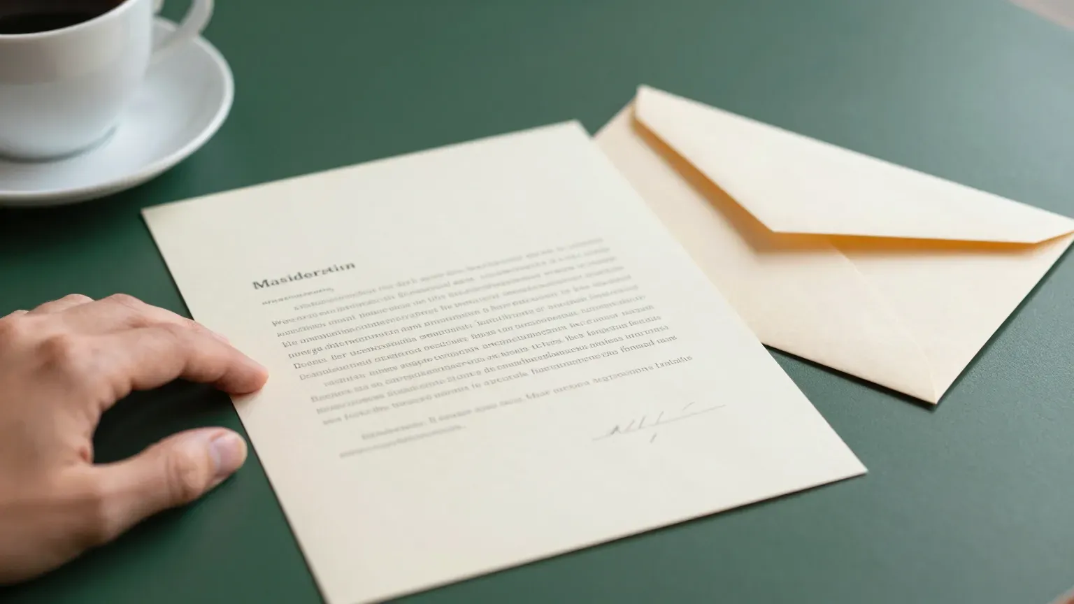 an opened renewal letter on a desk beside a coffee cup, hands only