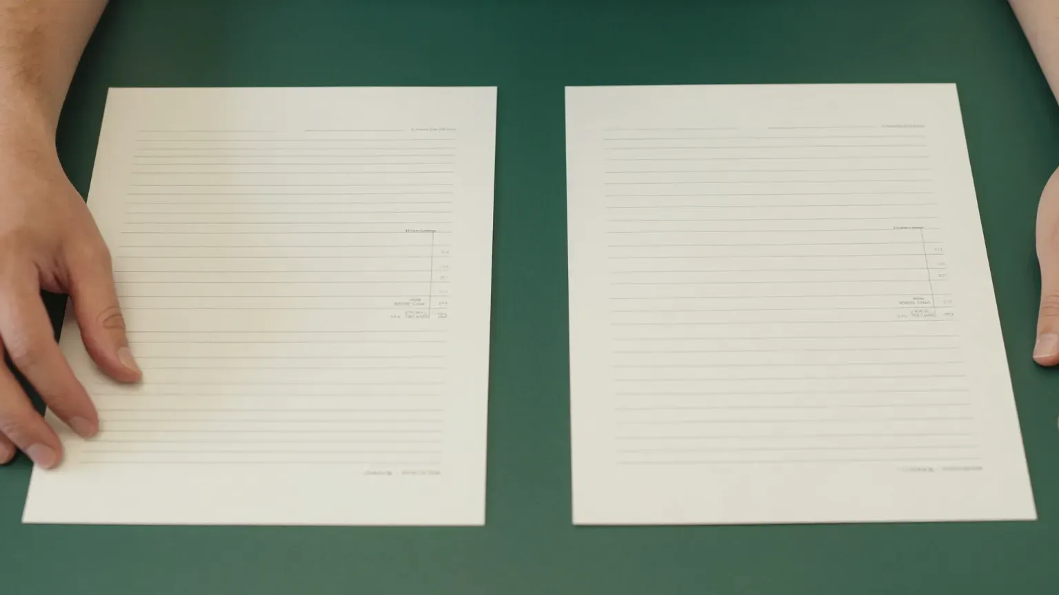 two printed plan summaries side by side on a table, hands only